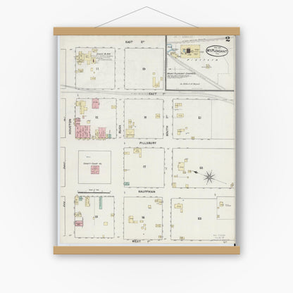 Old map wall art mockup — magnetic wood frame on white wall — Sanborn Fire Insurance Map from Mount Pleasant, Titus County, Texas (1891), Sheet #0002