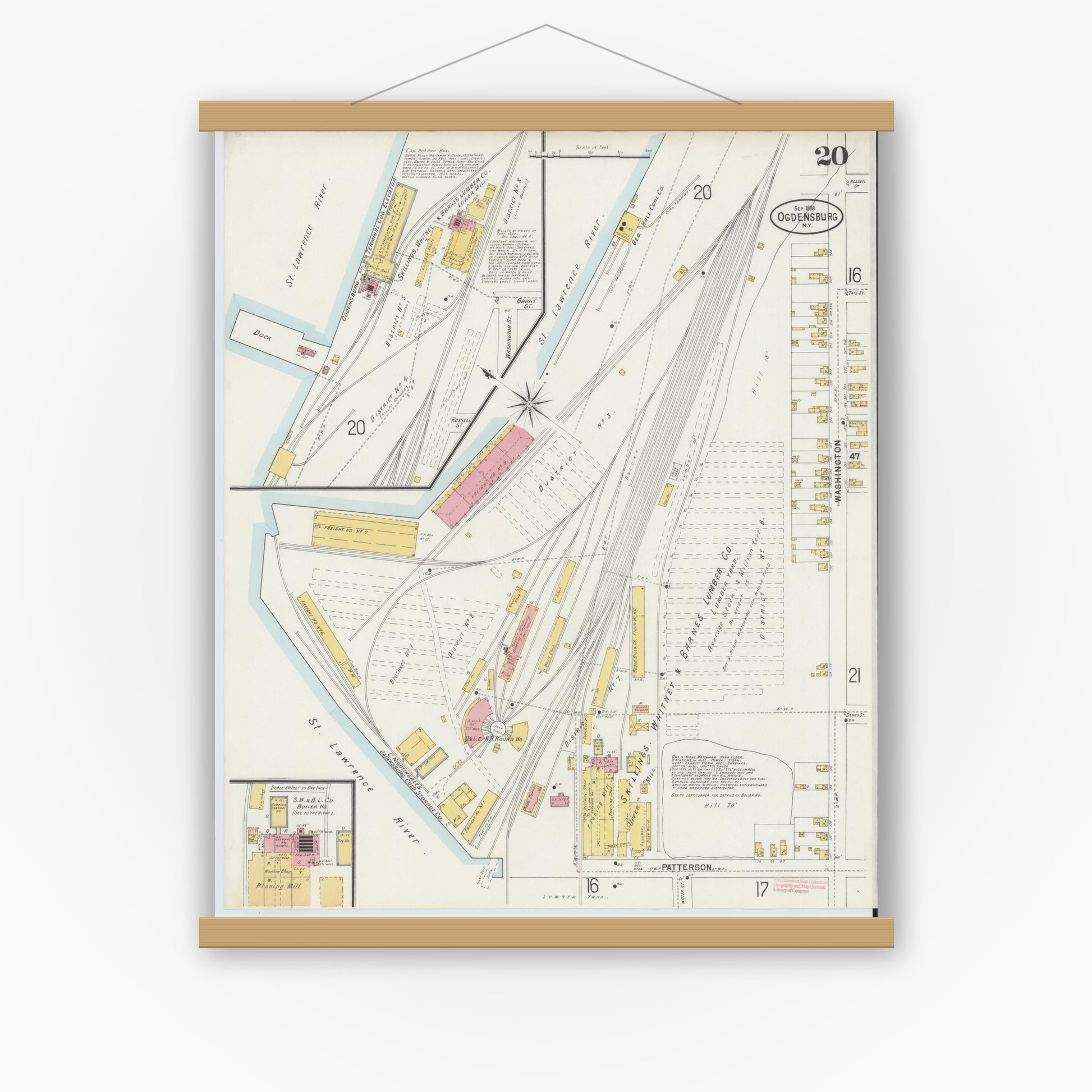 Old map wall art mockup — magnetic wood frame on white wall — Sanborn Fire Insurance Map from Ogdensburg, St. Lawrence County, New York (1898), Sheet #0020