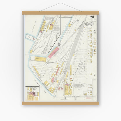 Old map wall art mockup — magnetic wood frame on white wall — Sanborn Fire Insurance Map from Ogdensburg, St. Lawrence County, New York (1898), Sheet #0020