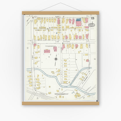 Old map wall art mockup — magnetic wood frame on white wall — Sanborn Fire Insurance Map from Xenia, Greene County, Ohio (1919), Sheet #0013