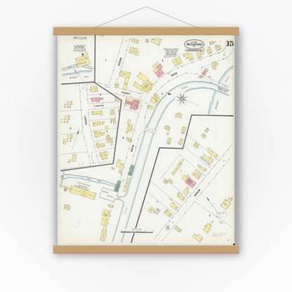 Old map wall art mockup — magnetic wood frame on white wall — Sanborn Fire Insurance Map from Waterford, Saratoga County, New York (1902), Sheet #0015