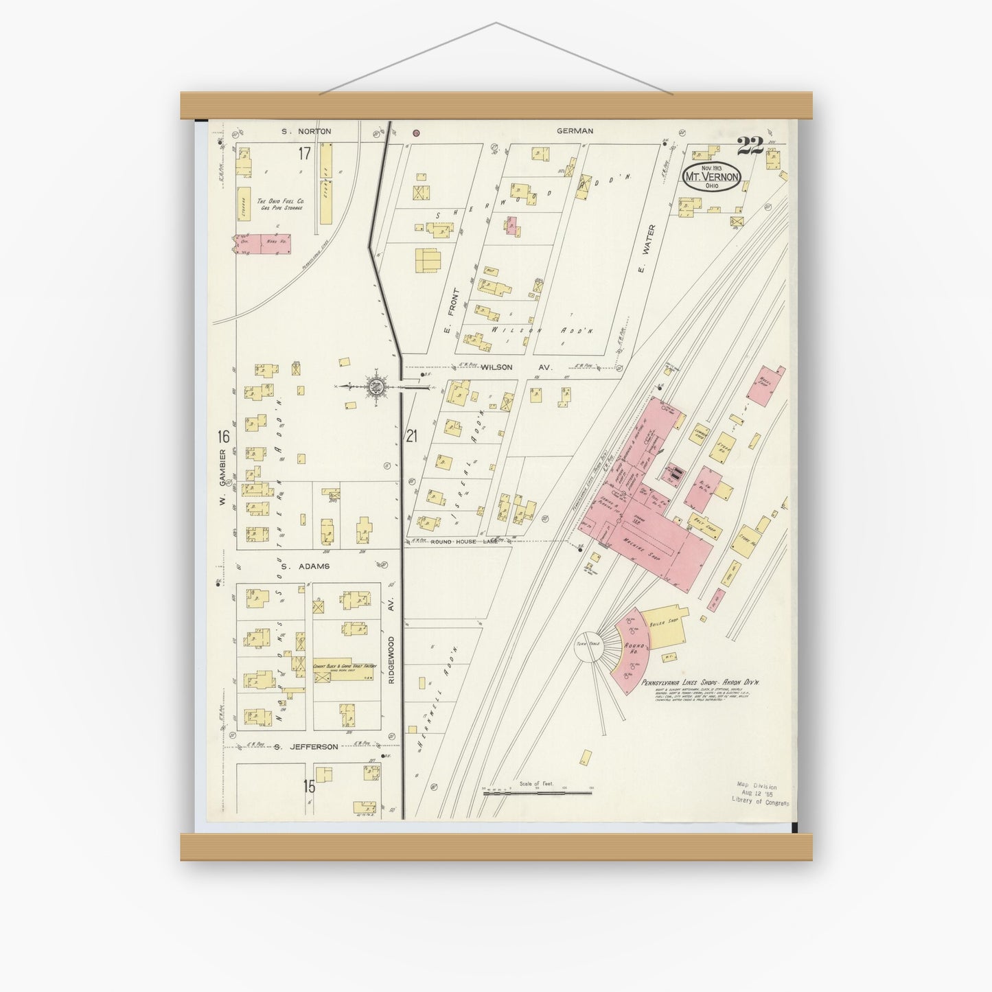 Old map wall art mockup — magnetic wood frame on white wall — Sanborn Fire Insurance Map from Mount Vernon, Knox County, Ohio (1913), Sheet #0022