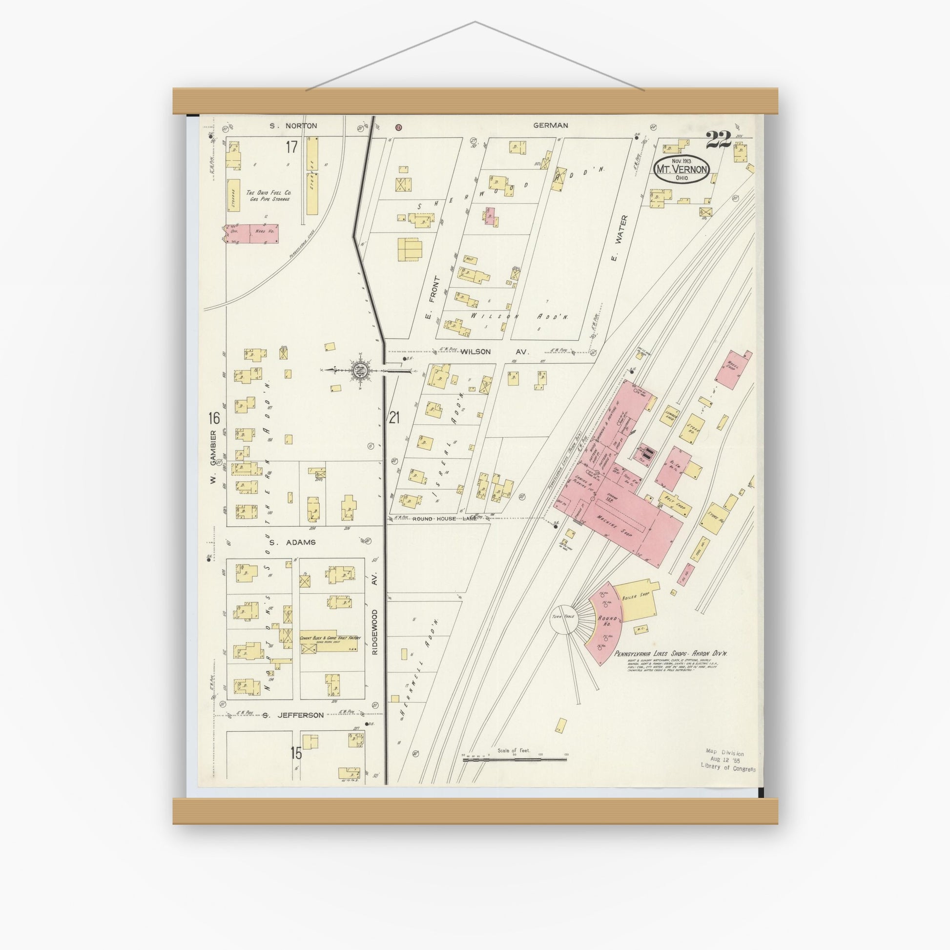 Old map wall art mockup — magnetic wood frame on white wall — Sanborn Fire Insurance Map from Mount Vernon, Knox County, Ohio (1913), Sheet #0022