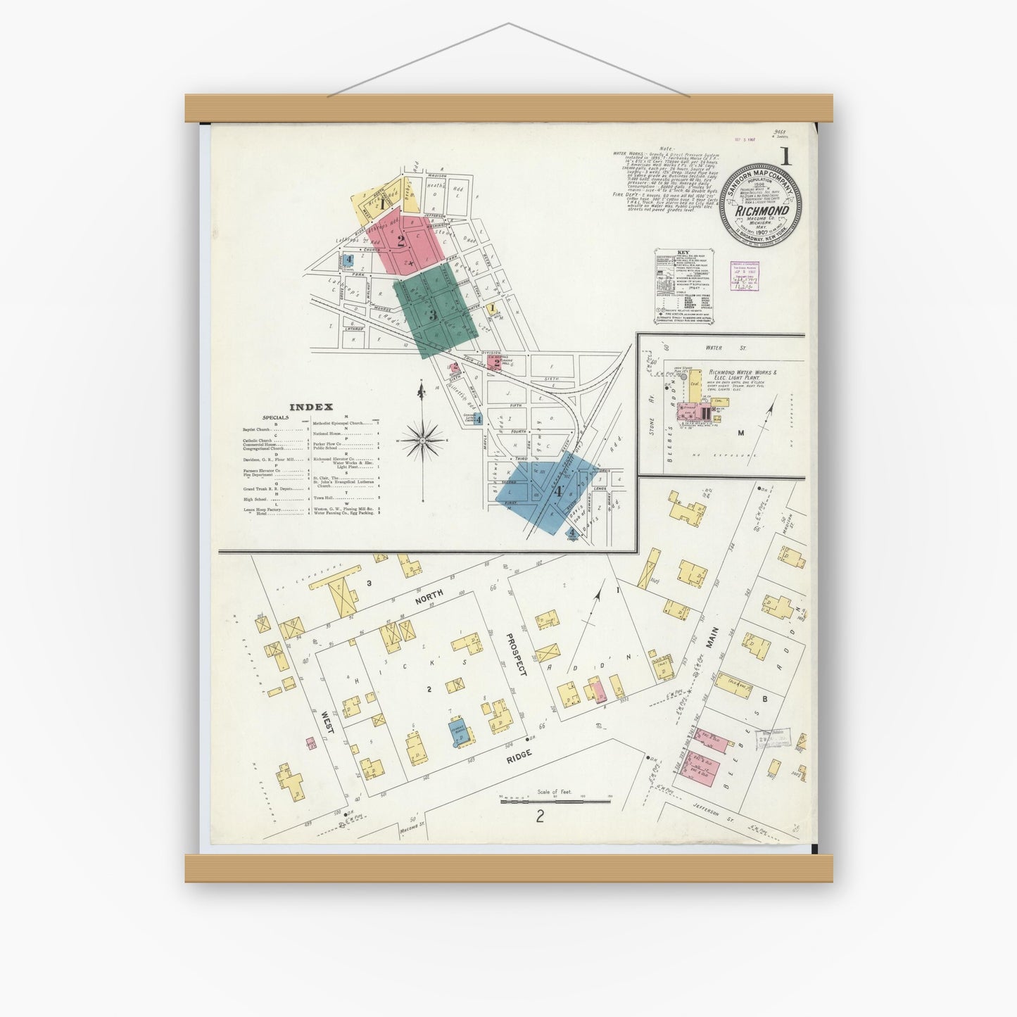 Old map wall art mockup — magnetic wood frame on white wall — Sanborn Fire Insurance Map from Richmond, Macomb County, Michigan (1907) - Complete Map Set