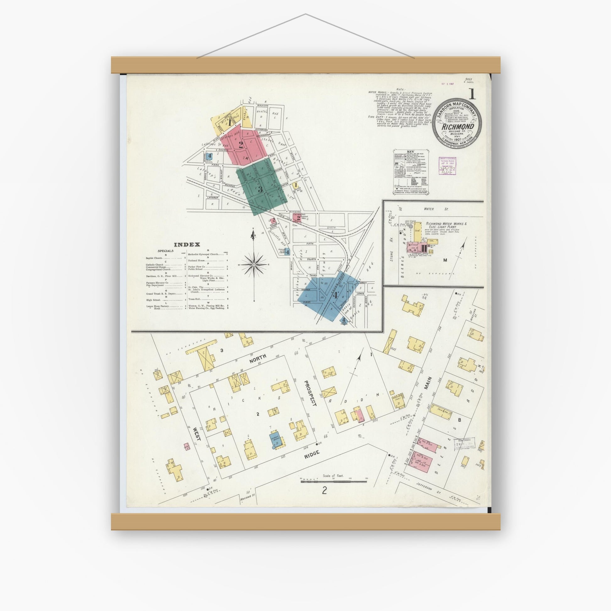 Old map wall art mockup — magnetic wood frame on white wall — Sanborn Fire Insurance Map from Richmond, Macomb County, Michigan (1907) - Complete Map Set