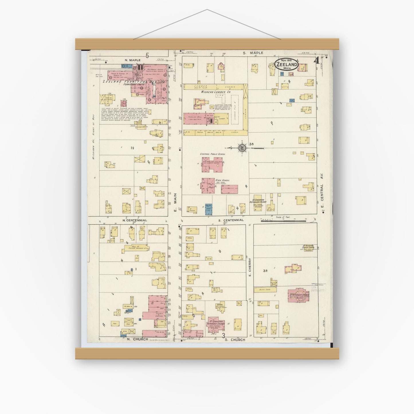 Old map wall art mockup — magnetic wood frame on white wall — Sanborn Fire Insurance Map from Zeeland, Ottawa County, Michigan (1916), Sheet #0004