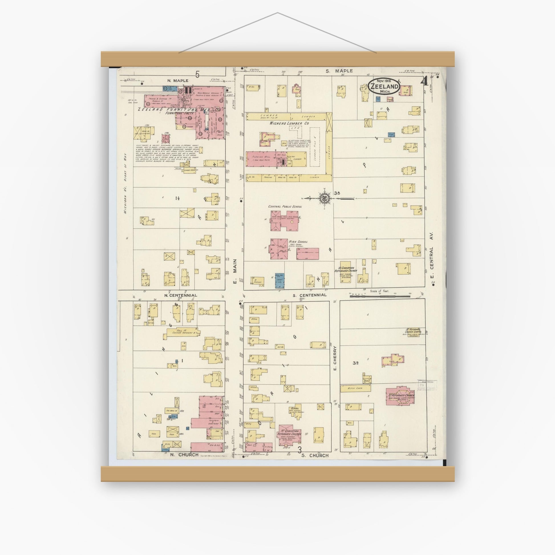 Old map wall art mockup — magnetic wood frame on white wall — Sanborn Fire Insurance Map from Zeeland, Ottawa County, Michigan (1916), Sheet #0004