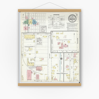 Old map wall art mockup — magnetic wood frame on white wall — Sanborn Fire Insurance Map from Minster, Auglaize County, Ohio (1914) - Complete Map Set