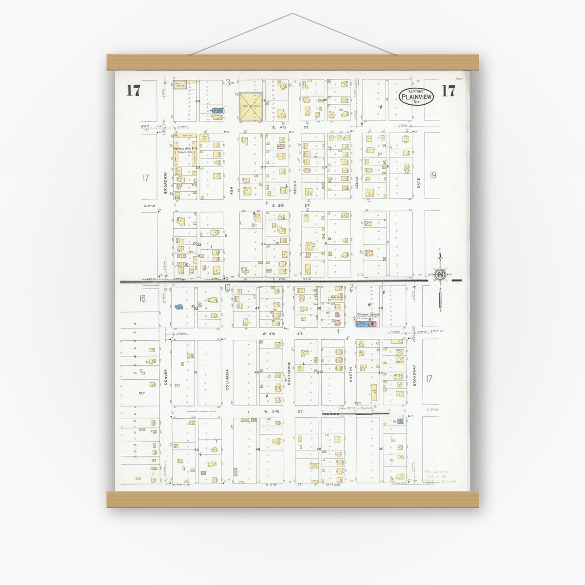 Old map wall art mockup — magnetic wood frame on white wall — Sanborn Fire Insurance Map from Plainview, Hale County, Texas (1927), Sheet #0017