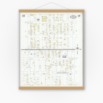Old map wall art mockup — magnetic wood frame on white wall — Sanborn Fire Insurance Map from Plainview, Hale County, Texas (1927), Sheet #0017