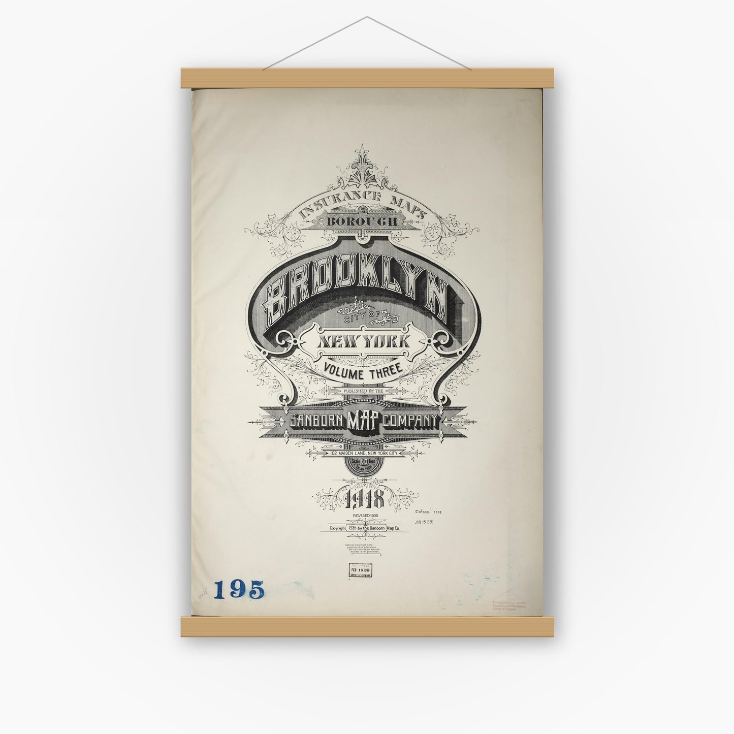 Old map wall art mockup — magnetic wood frame on white wall — Sanborn Fire Insurance Map from Brooklyn, Kings County, New York (1935), Sheet #0001