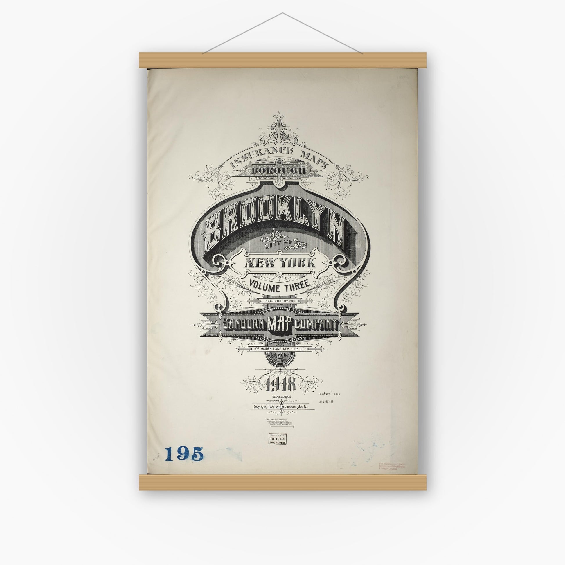Old map wall art mockup — magnetic wood frame on white wall — Sanborn Fire Insurance Map from Brooklyn, Kings County, New York (1935), Sheet #0001