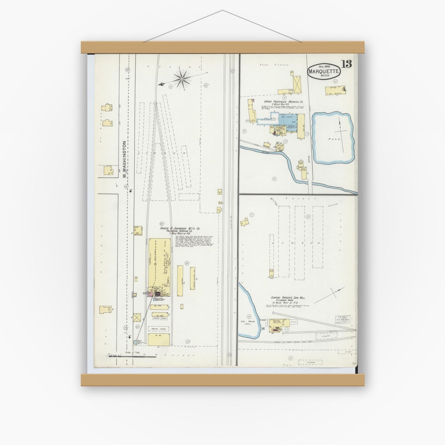 Old map wall art mockup — magnetic wood frame on white wall — Sanborn Fire Insurance Map from Marquette, Marquette County, Michigan (1892), Sheet #0013