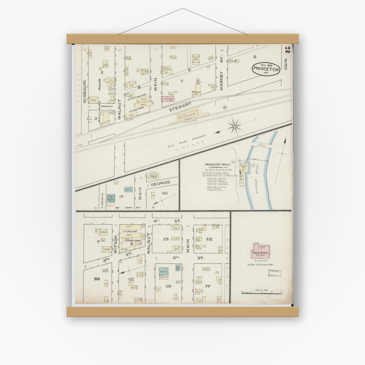 Old map wall art mockup — magnetic wood frame on white wall — Sanborn Fire Insurance Map from Princeton, Mercer County, Missouri (1886), Sheet #0002