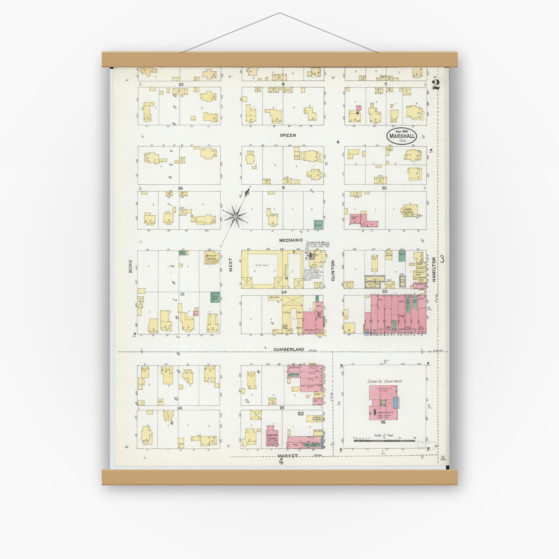 Old map wall art mockup — magnetic wood frame on white wall — Sanborn Fire Insurance Map from Marshall, Clark County, Illinois (1906), Sheet #0002