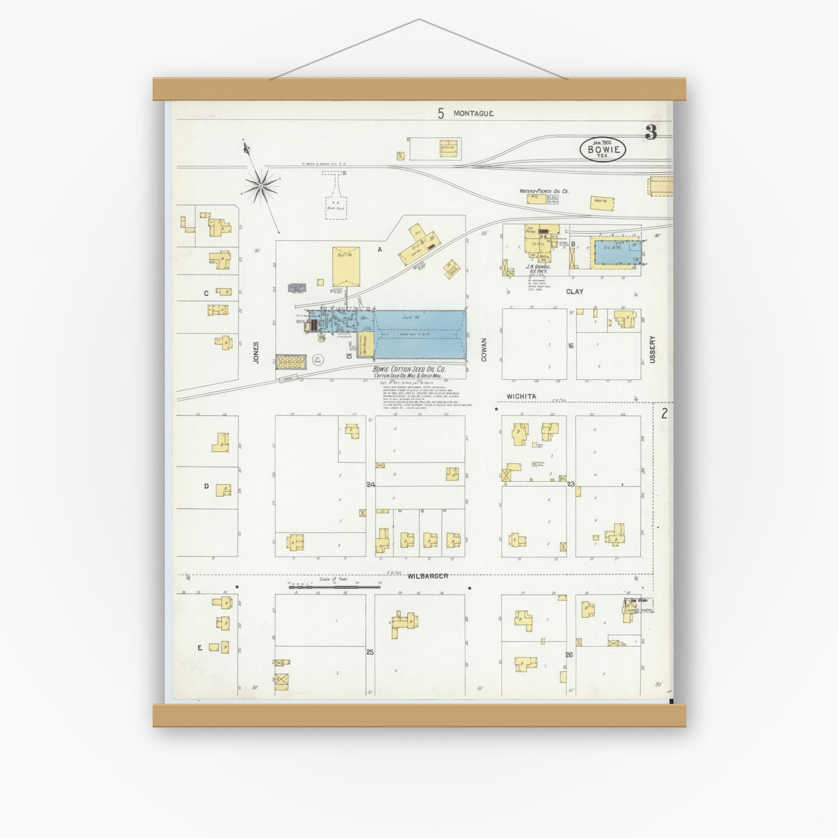 Old map wall art mockup — magnetic wood frame on white wall — Sanborn Fire Insurance Map from Bowie, Montague County, Texas (1902), Sheet #0003