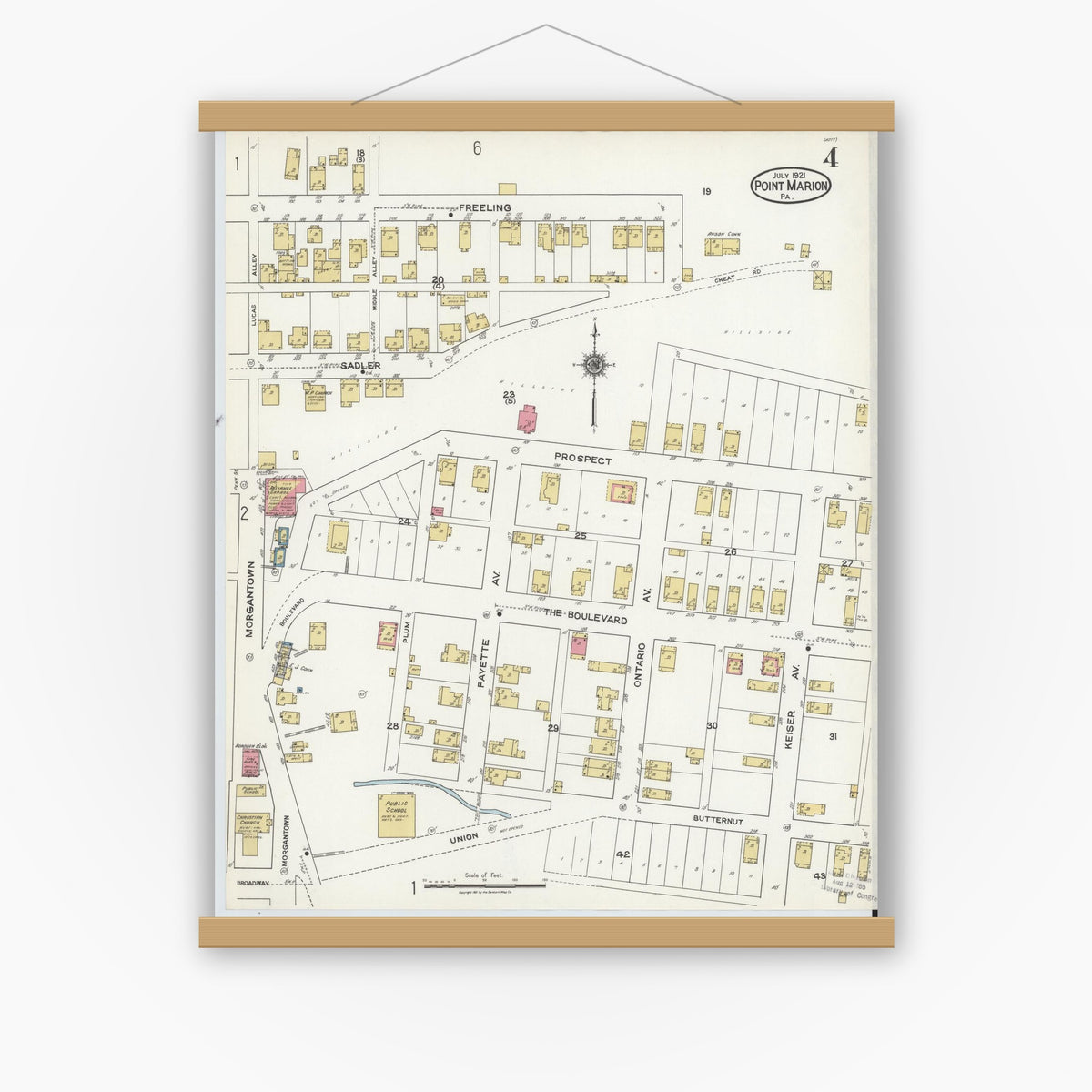 Old map wall art mockup — magnetic wood frame on white wall — Sanborn Fire Insurance Map from Point Marion, Fayette County, Pennsylvania (1921), Sheet #0004