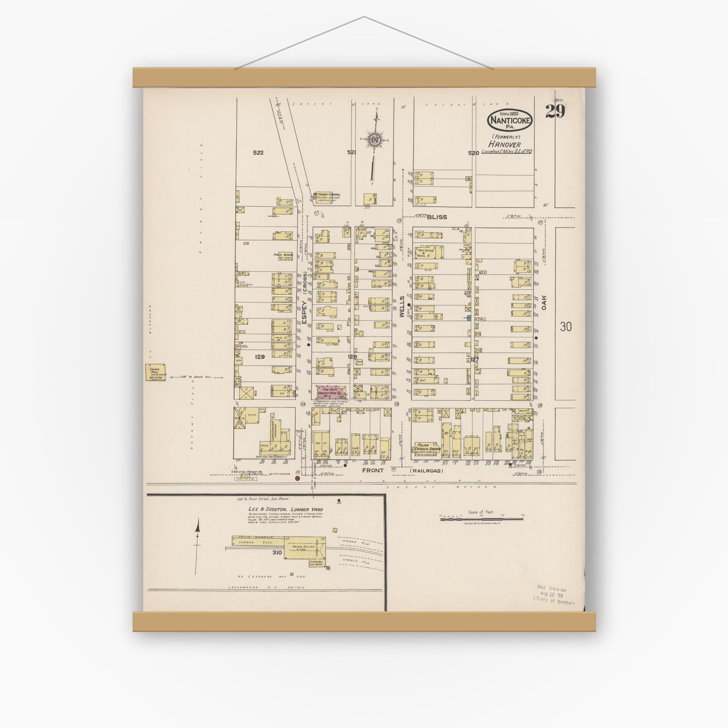 Old map wall art mockup — magnetic wood frame on white wall — Sanborn Fire Insurance Map from Nanticoke, Luzerne County, Pennsylvania (1920), Sheet #0029