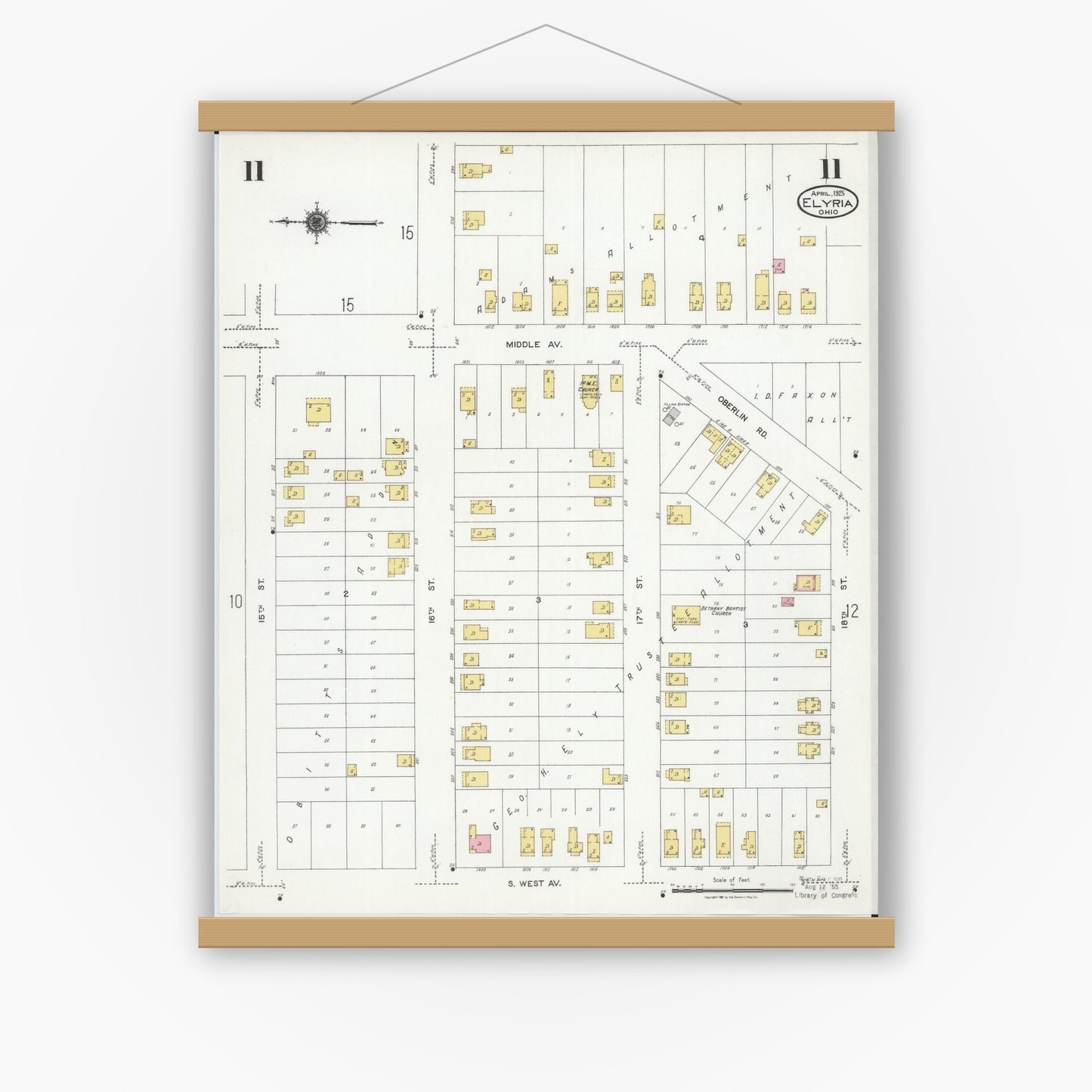 Old map wall art mockup — magnetic wood frame on white wall — Sanborn Fire Insurance Map from Elyria, Lorain County, Ohio (1925), Sheet #0011