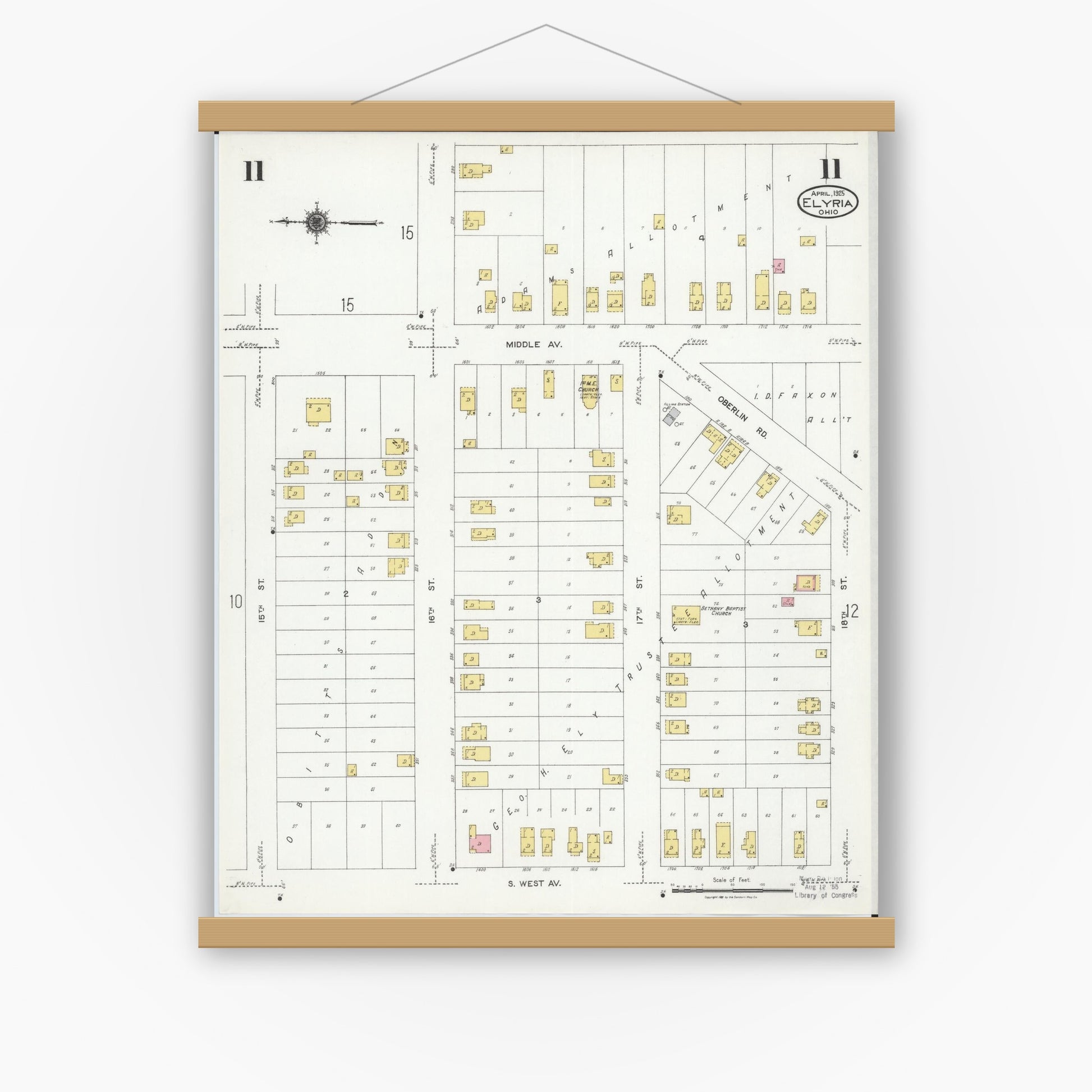Old map wall art mockup — magnetic wood frame on white wall — Sanborn Fire Insurance Map from Elyria, Lorain County, Ohio (1925), Sheet #0011
