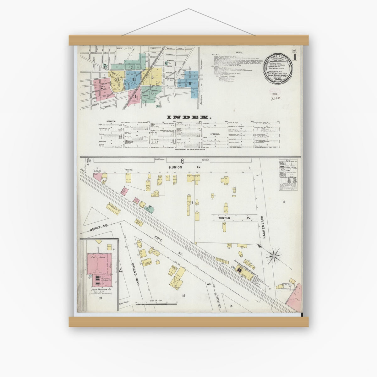 Old map wall art mockup — magnetic wood frame on white wall — Sanborn Fire Insurance Map from Rutherford, Bergen County, New Jersey (1897), Sheet #0001