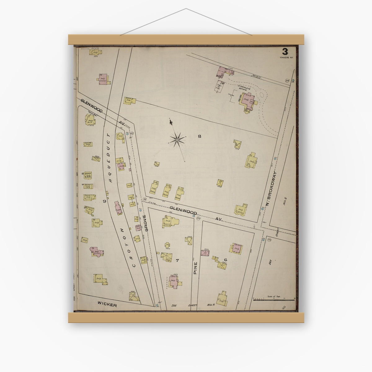Old map wall art mockup — magnetic wood frame on white wall — Sanborn Fire Insurance Map from Yonkers, Westchester County, New York (1886), Sheet #0003