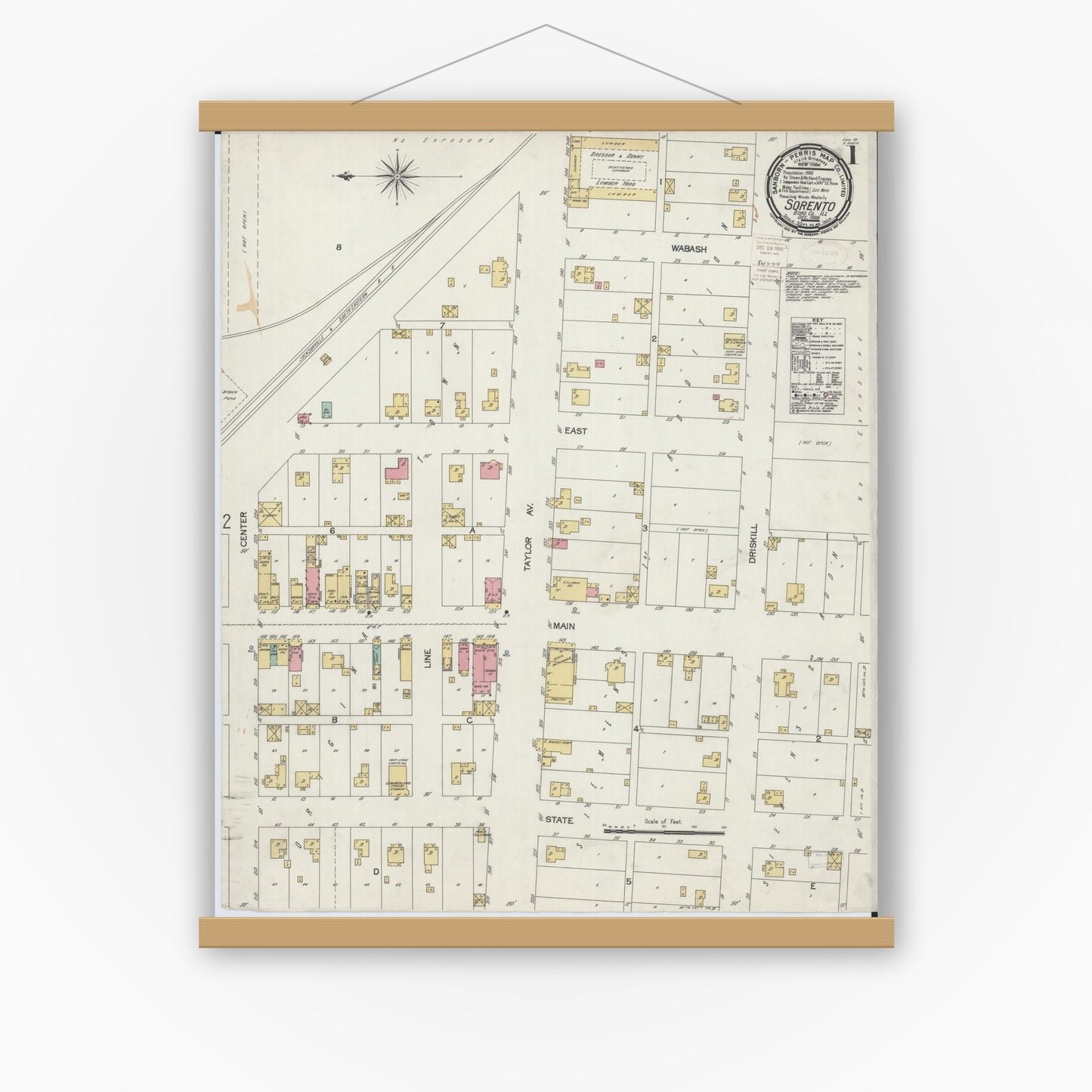 Old map wall art mockup — magnetic wood frame on white wall — Sanborn Fire Insurance Map from Sorento, Bond County, Illinois (1899) - Complete Map Set