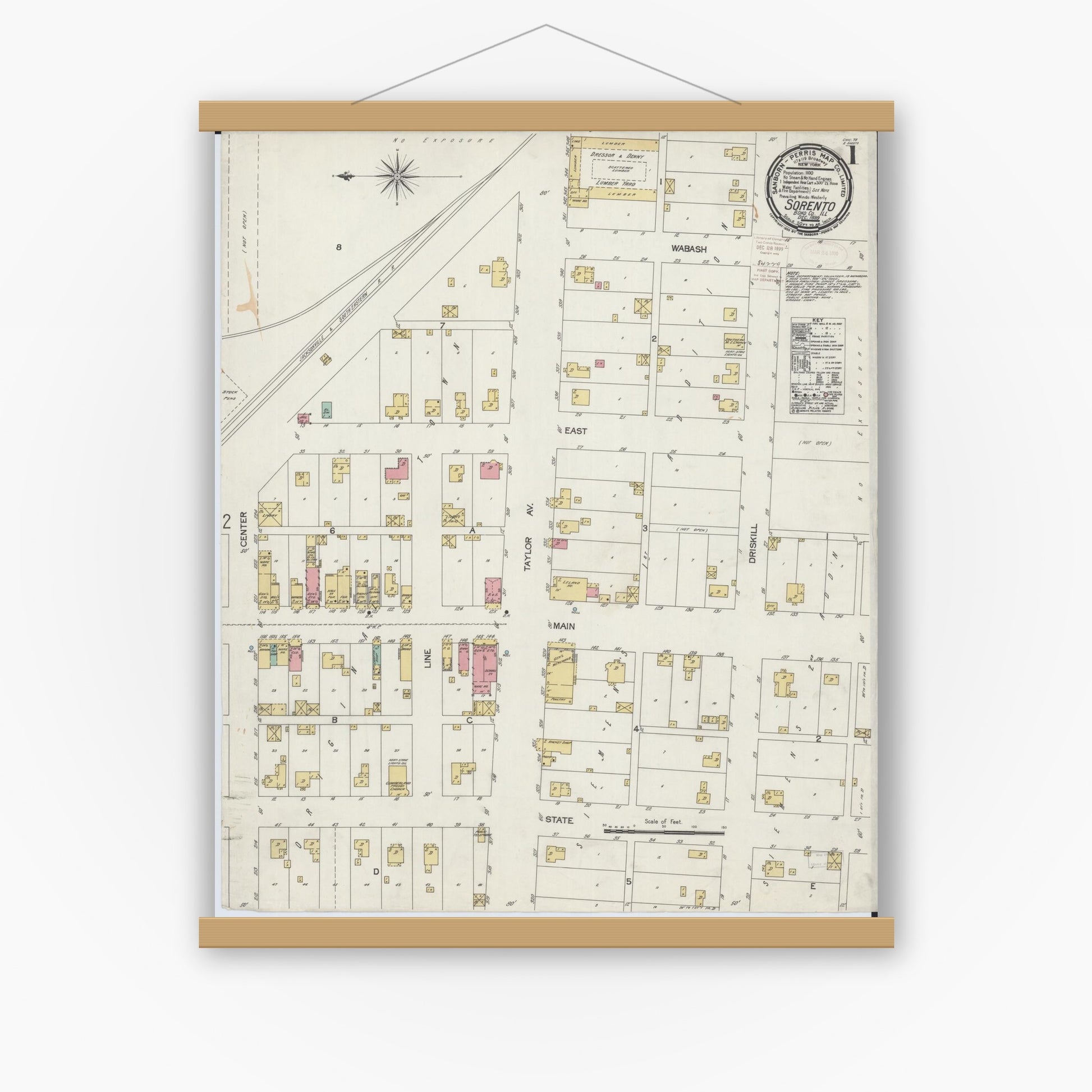 Old map wall art mockup — magnetic wood frame on white wall — Sanborn Fire Insurance Map from Sorento, Bond County, Illinois (1899) - Complete Map Set