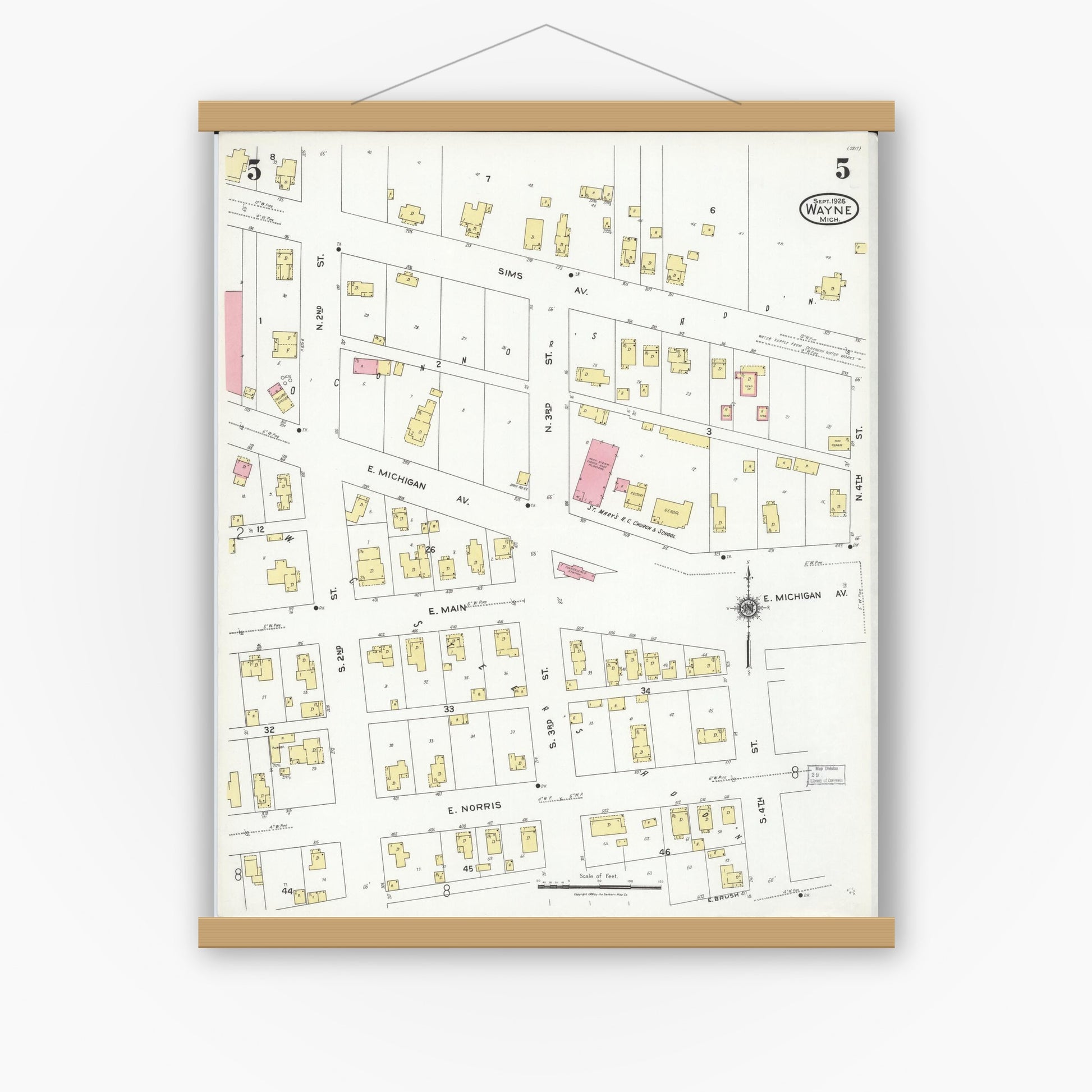 Old map wall art mockup — magnetic wood frame on white wall — Sanborn Fire Insurance Map from Wayne, Wayne County, Michigan (1926), Sheet #0005
