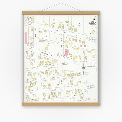 Old map wall art mockup — magnetic wood frame on white wall — Sanborn Fire Insurance Map from Wayne, Wayne County, Michigan (1926), Sheet #0005