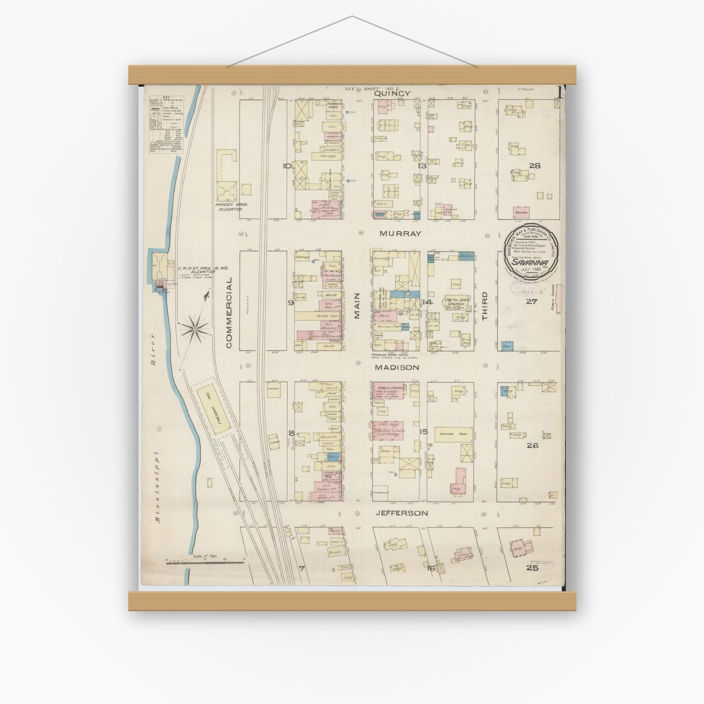 Old map wall art mockup — magnetic wood frame on white wall — Sanborn Fire Insurance Map from Savanna, Carroll County, Illinois (1885) - Complete Map Set