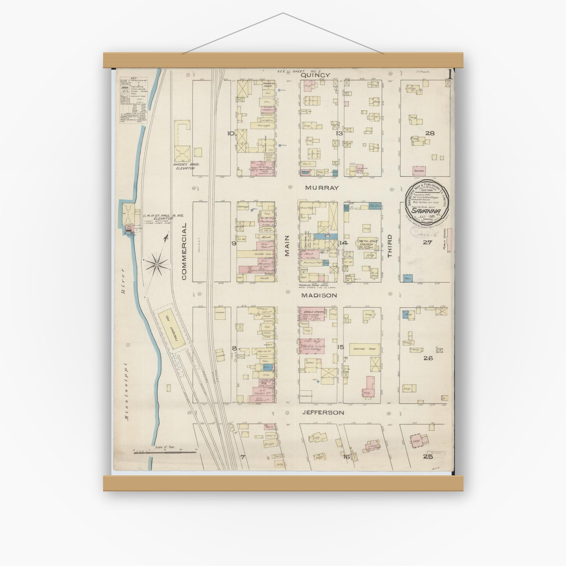 Old map wall art mockup — magnetic wood frame on white wall — Sanborn Fire Insurance Map from Savanna, Carroll County, Illinois (1885) - Complete Map Set