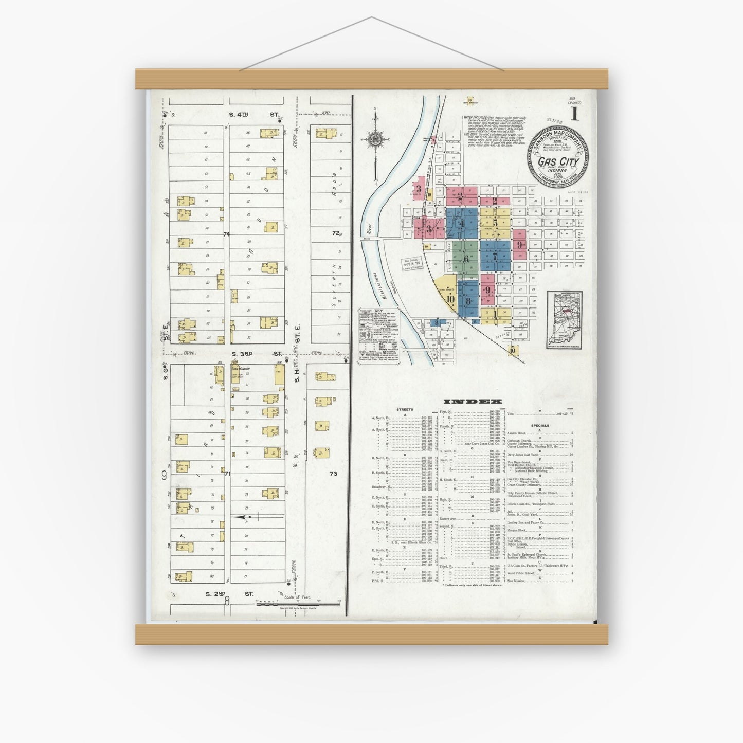 Old map wall art mockup — magnetic wood frame on white wall — Sanborn Fire Insurance Map from Gas City, Grant County, Indiana (1920) - Complete Map Set
