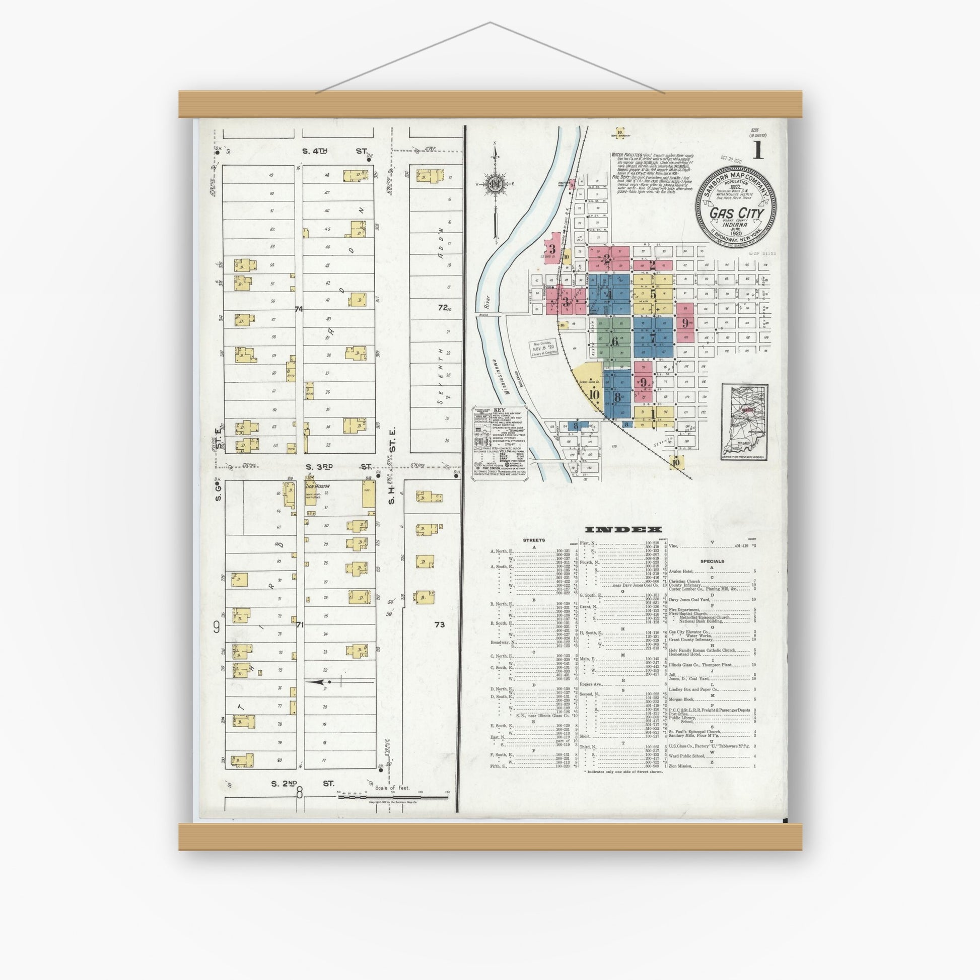 Old map wall art mockup — magnetic wood frame on white wall — Sanborn Fire Insurance Map from Gas City, Grant County, Indiana (1920) - Complete Map Set