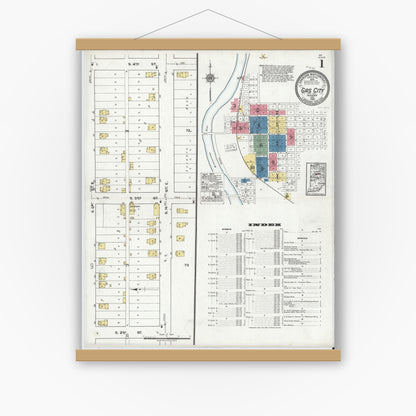 Old map wall art mockup — magnetic wood frame on white wall — Sanborn Fire Insurance Map from Gas City, Grant County, Indiana (1920) - Complete Map Set
