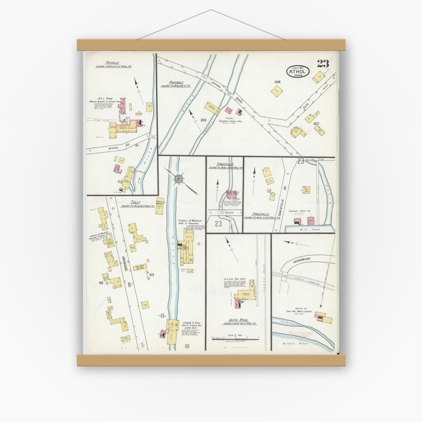 Old map wall art mockup — magnetic wood frame on white wall — Sanborn Fire Insurance Map from Athol, Worcester County, Massachusetts (1917), Sheet #0023