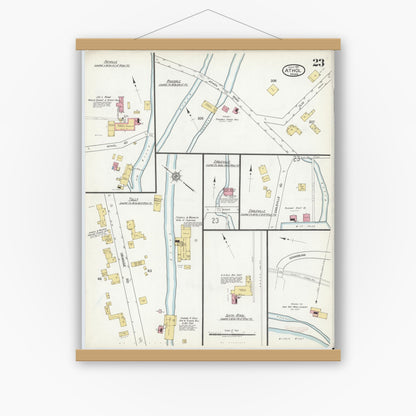 Old map wall art mockup — magnetic wood frame on white wall — Sanborn Fire Insurance Map from Athol, Worcester County, Massachusetts (1917), Sheet #0023