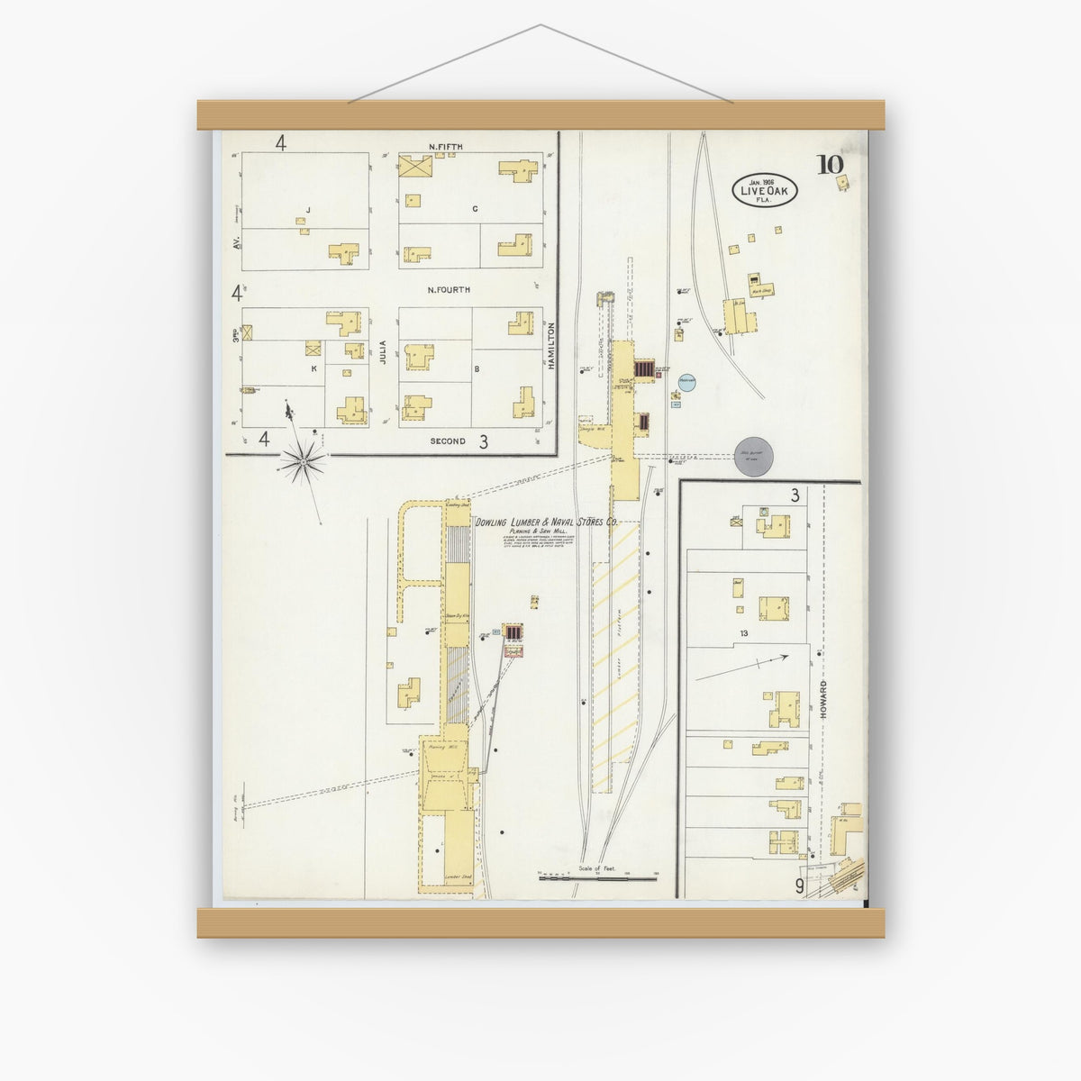 Old map wall art mockup — magnetic wood frame on white wall — Sanborn Fire Insurance Map from Live Oak, Suwanee County, Florida (1906), Sheet #0010