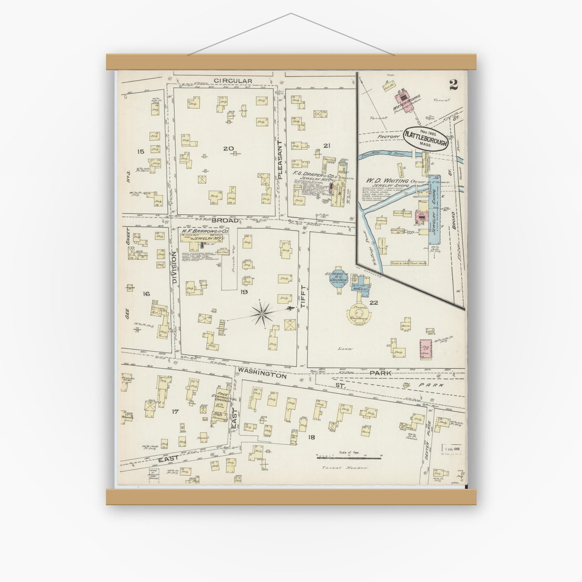 Old map wall art mockup — magnetic wood frame on white wall — Sanborn Fire Insurance Map from North Attleborough, Bristol County, Massachusetts (1885), Sheet #0002