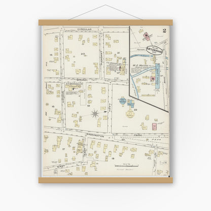 Old map wall art mockup — magnetic wood frame on white wall — Sanborn Fire Insurance Map from North Attleborough, Bristol County, Massachusetts (1885), Sheet #0002