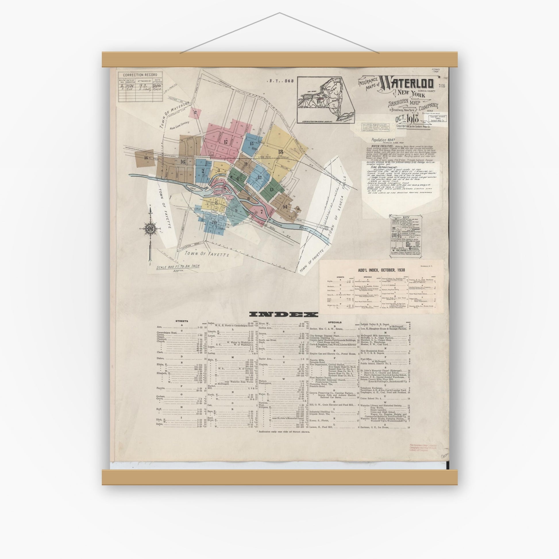 Old map wall art mockup — magnetic wood frame on white wall — Sanborn Fire Insurance Map from Waterloo, Seneca County, New York (1948) - Complete Map Set