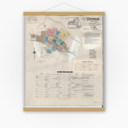 Old map wall art mockup — magnetic wood frame on white wall — Sanborn Fire Insurance Map from Waterloo, Seneca County, New York (1948) - Complete Map Set