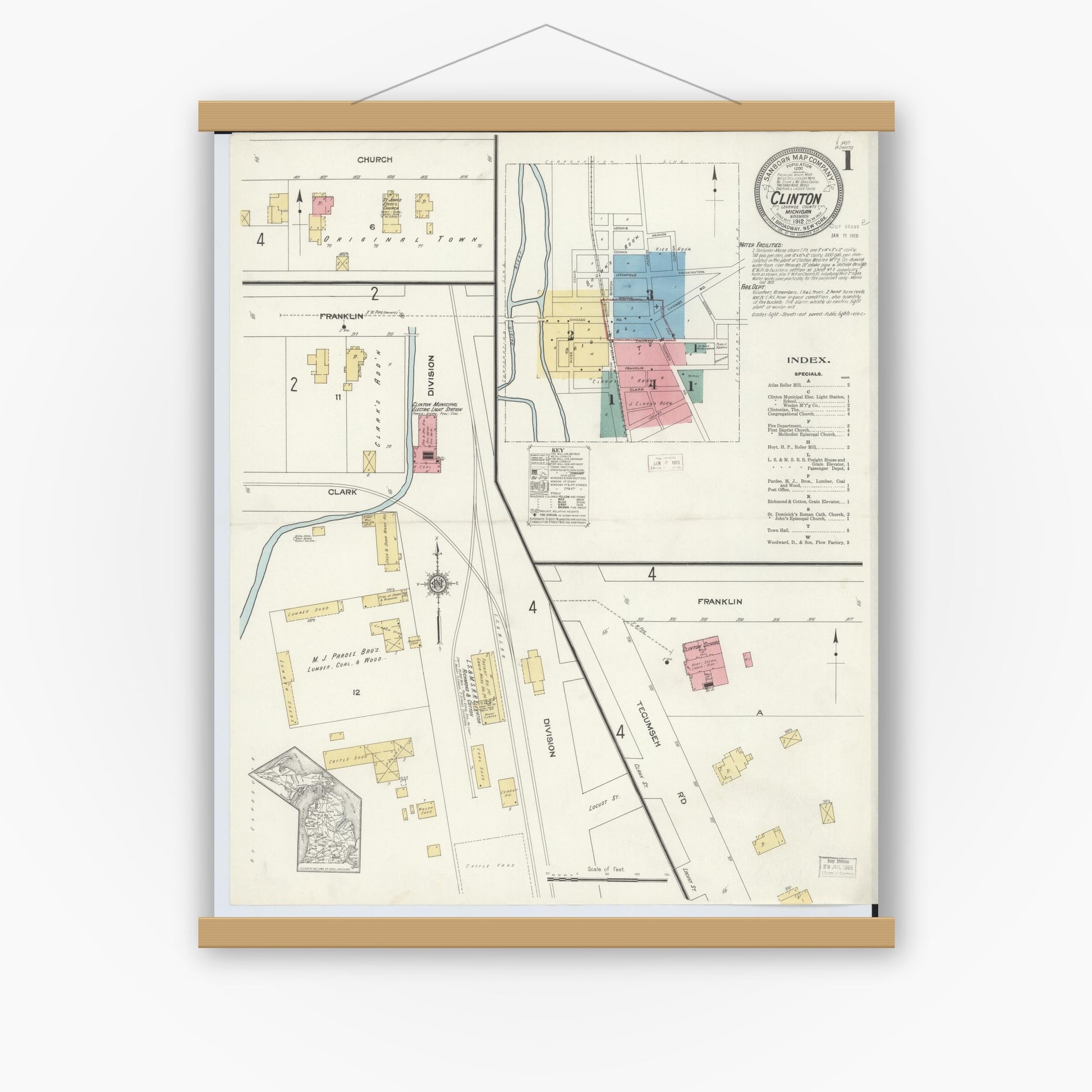 Old map wall art mockup — magnetic wood frame on white wall — Sanborn Fire Insurance Map from Clinton, Lenawee County, Michigan (1912), Sheet #0001