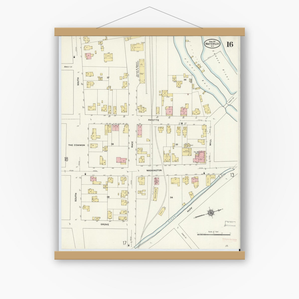 Old map wall art mockup — magnetic wood frame on white wall — Sanborn Fire Insurance Map from Waterloo, Seneca County, New York (1911), Sheet #0016