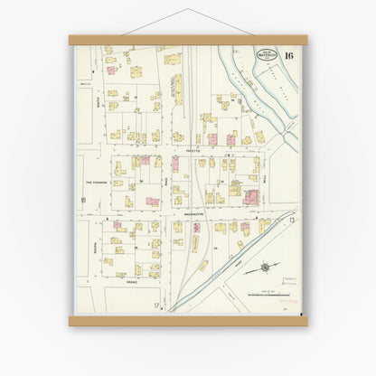 Old map wall art mockup — magnetic wood frame on white wall — Sanborn Fire Insurance Map from Waterloo, Seneca County, New York (1911), Sheet #0016