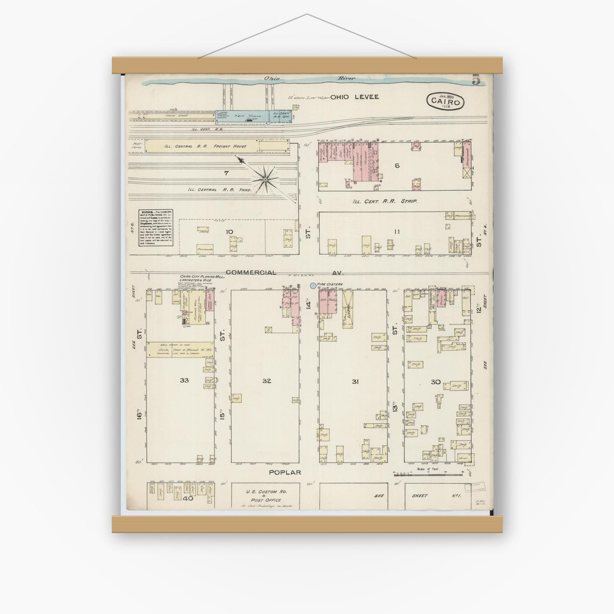 Old map wall art mockup — magnetic wood frame on white wall — Sanborn Fire Insurance Map from Cairo, Alexander County, Illinois (1885), Sheet #0005