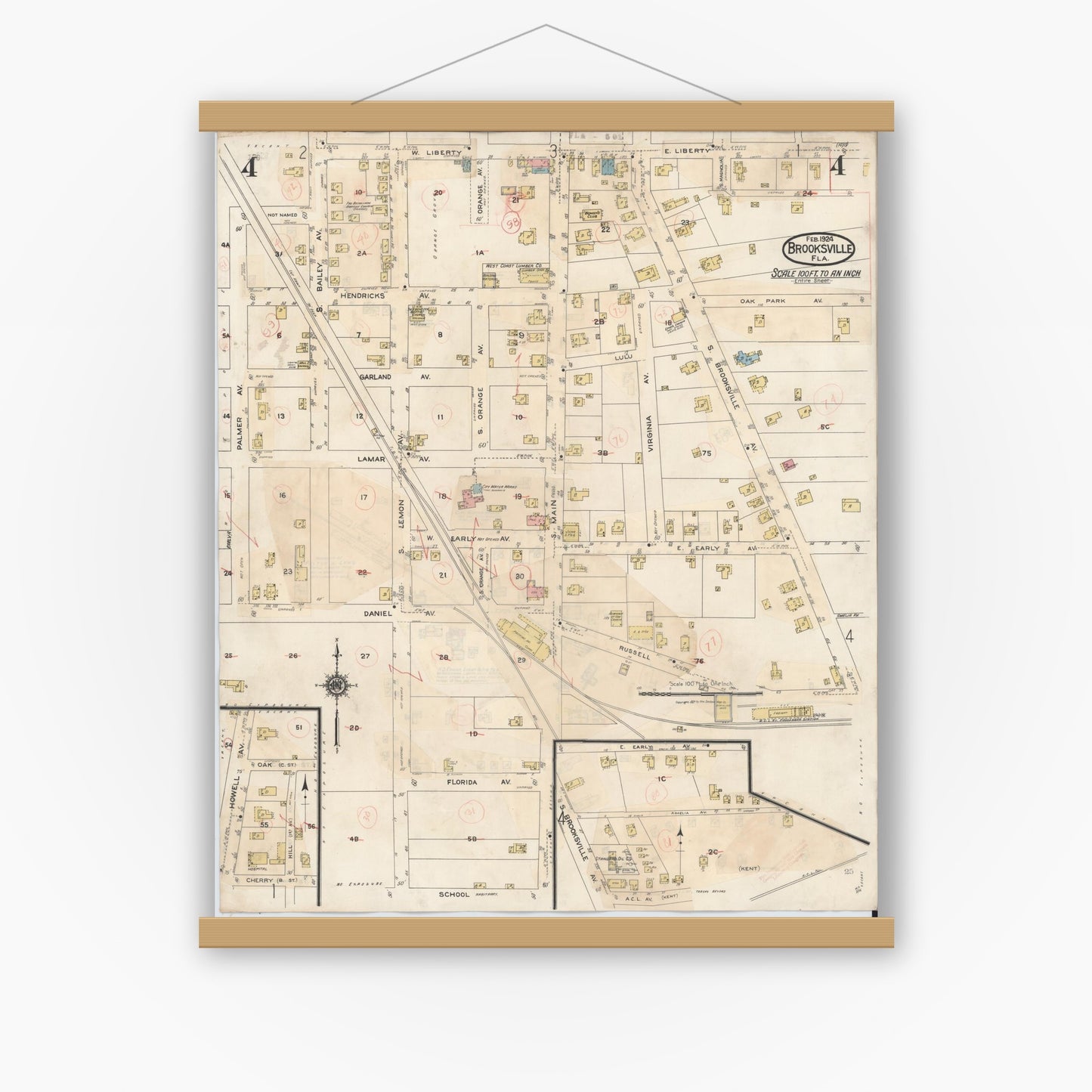 Old map wall art mockup — magnetic wood frame on white wall — Sanborn Fire Insurance Map from Brooksville, Hernando County, Florida (1945), Sheet #0004