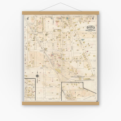 Old map wall art mockup — magnetic wood frame on white wall — Sanborn Fire Insurance Map from Brooksville, Hernando County, Florida (1945), Sheet #0004
