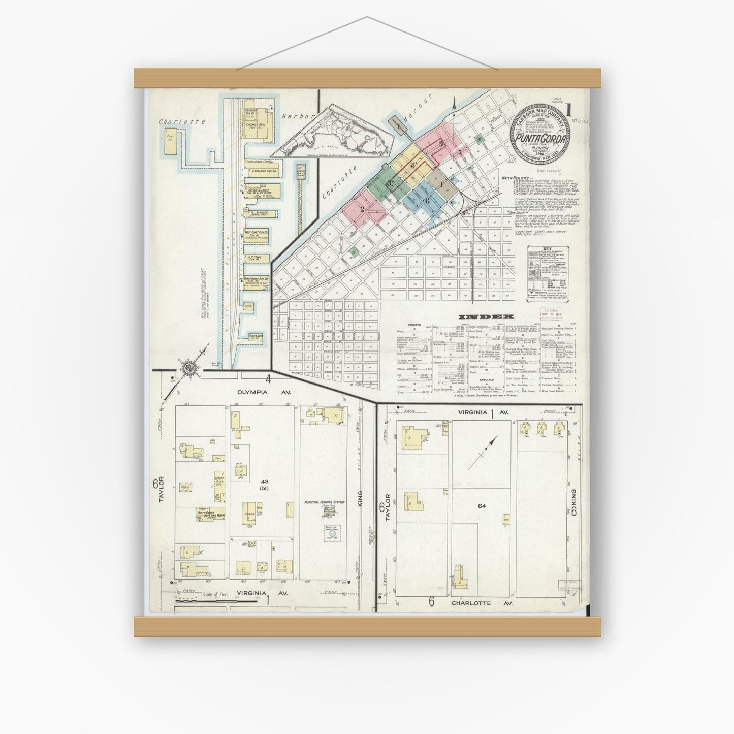 Old map wall art mockup — magnetic wood frame on white wall — Sanborn Fire Insurance Map from Punta Gorda, Charlotte County, Florida (1914) - Complete Map Set