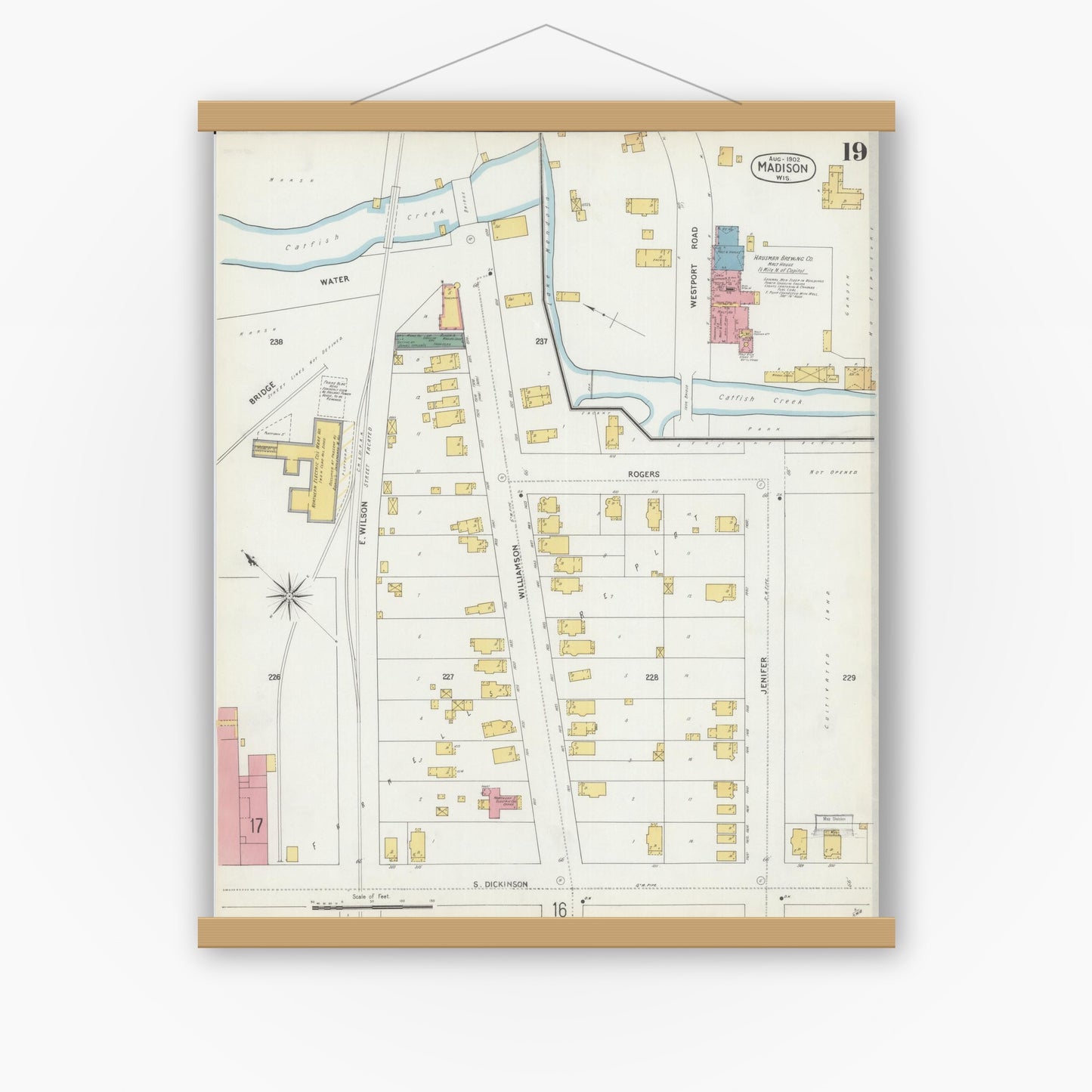 Old map wall art mockup — magnetic wood frame on white wall — Sanborn Fire Insurance Map from Madison, Dane County, Wisconsin (1902), Sheet #0019